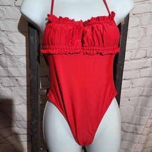 Red Swimsuit‎ Small One Piece Keyhole Ruched Bust Swim Beach Shein A104